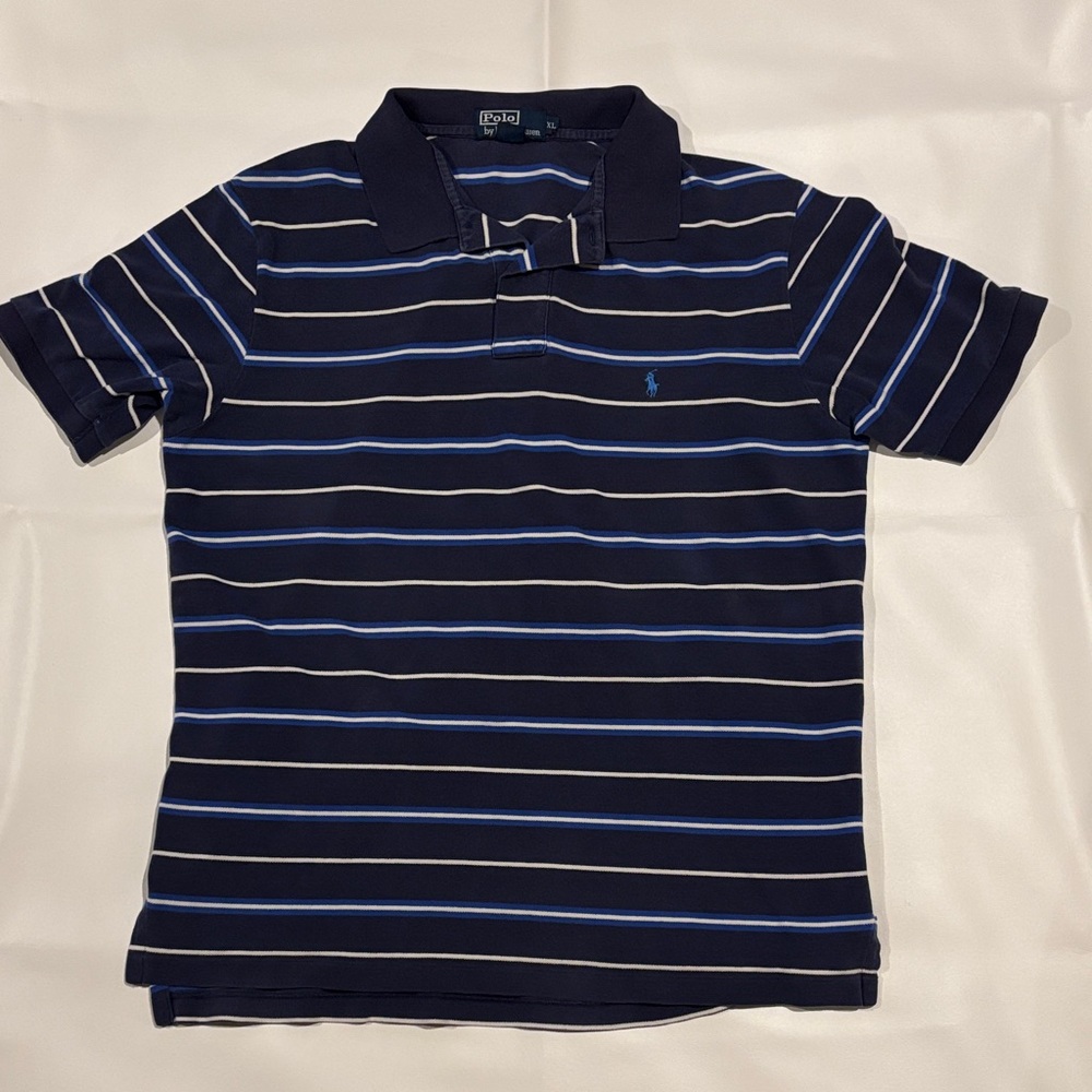 Vintage Polo Ralph Lauren Dark Blue Short Sleeve Polo with Stripes XL US Made